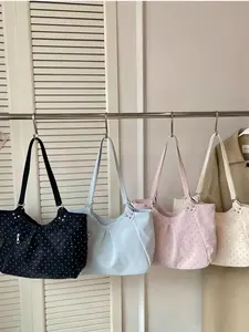 Korean retro art polka dot college style tote bag for women 2026 new fashionable simple large capacity shoulder bag