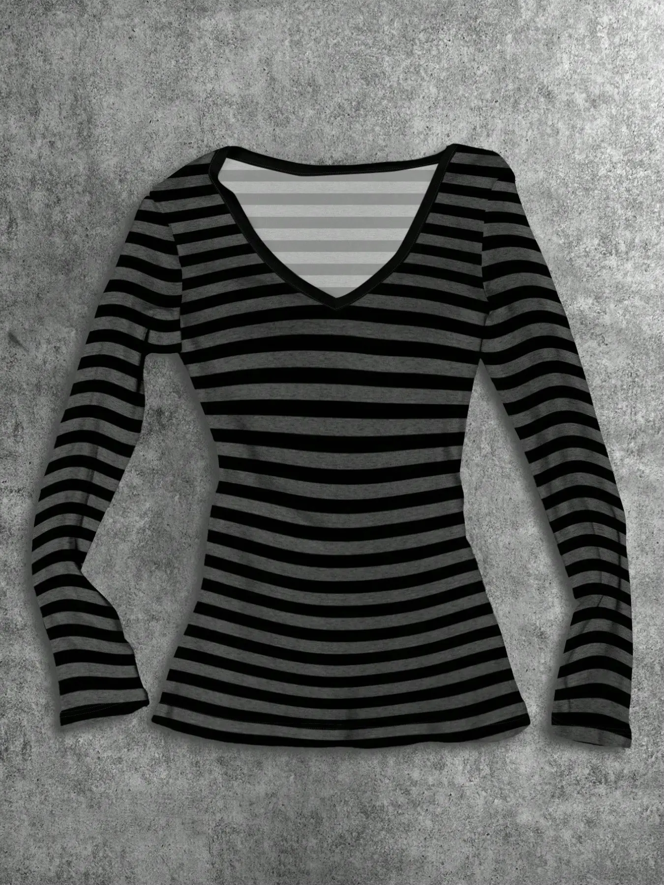 Viral Casual Black Grey Horizontal Stripe Deep V Neck Peplum Hem Long Sleeve Top Y2K 2026 TikTok Streetwear Blouse, Soft Stretch Fabric Waist Cinching Flared Hem Long Shirt, Classic Striped Figure Hugging Top For Daily Matching Denim Jeans Outfits