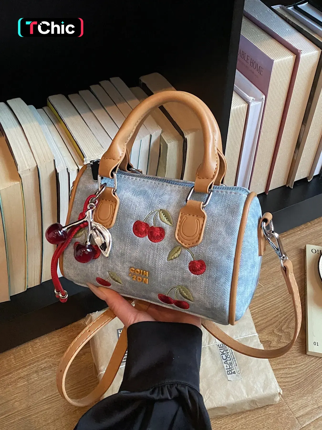 New Arrival Cherry Embroidered Mini Boston Pillow Casual Fashion Bag For Women  Two Tone Brown and Silver Optional  Daily Casual Crossbody Shoulder Handbag For Travel Dating Shopping Casual Bags