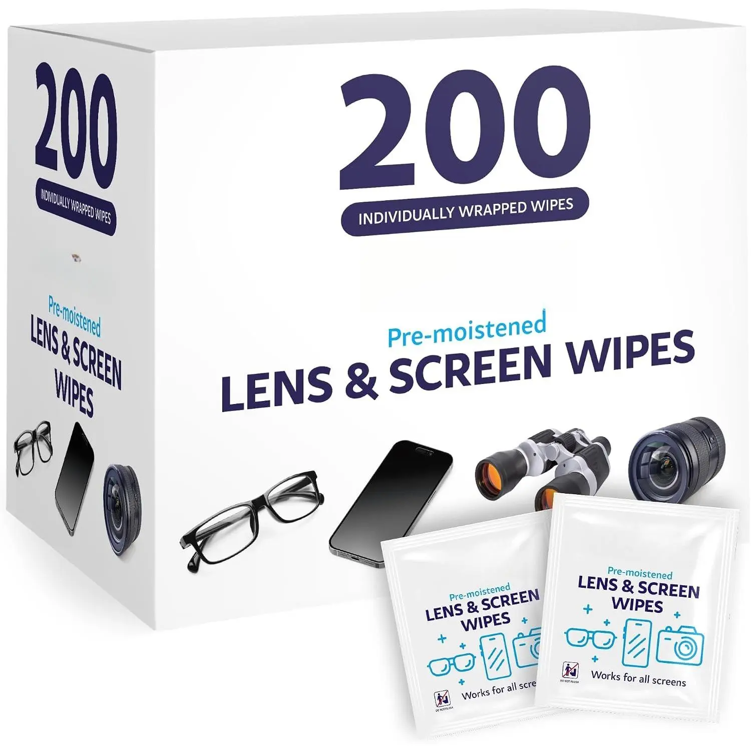 Pre-moistened Lens Wipes for Eyeglasses, 200 Count (Pack of 1) Individually Wrapped, Safe for Sunglasses, Camera Lenses, Electronics Screens (Phones, Laptops)
