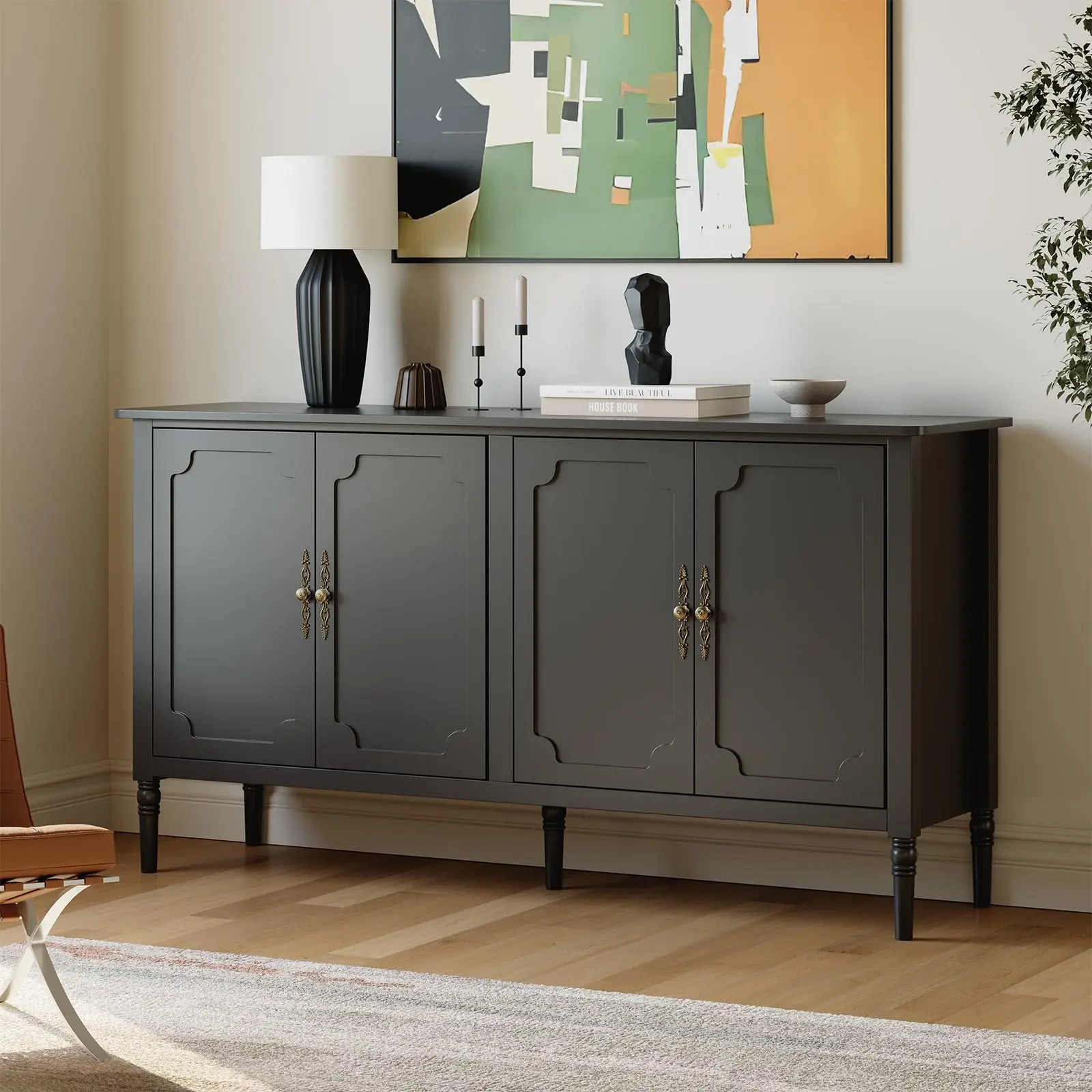 59" Mid-Century Modern Sideboard Cabinet, Vintage Buffet Credenza with Doors & Storage Shelves for Dining Room