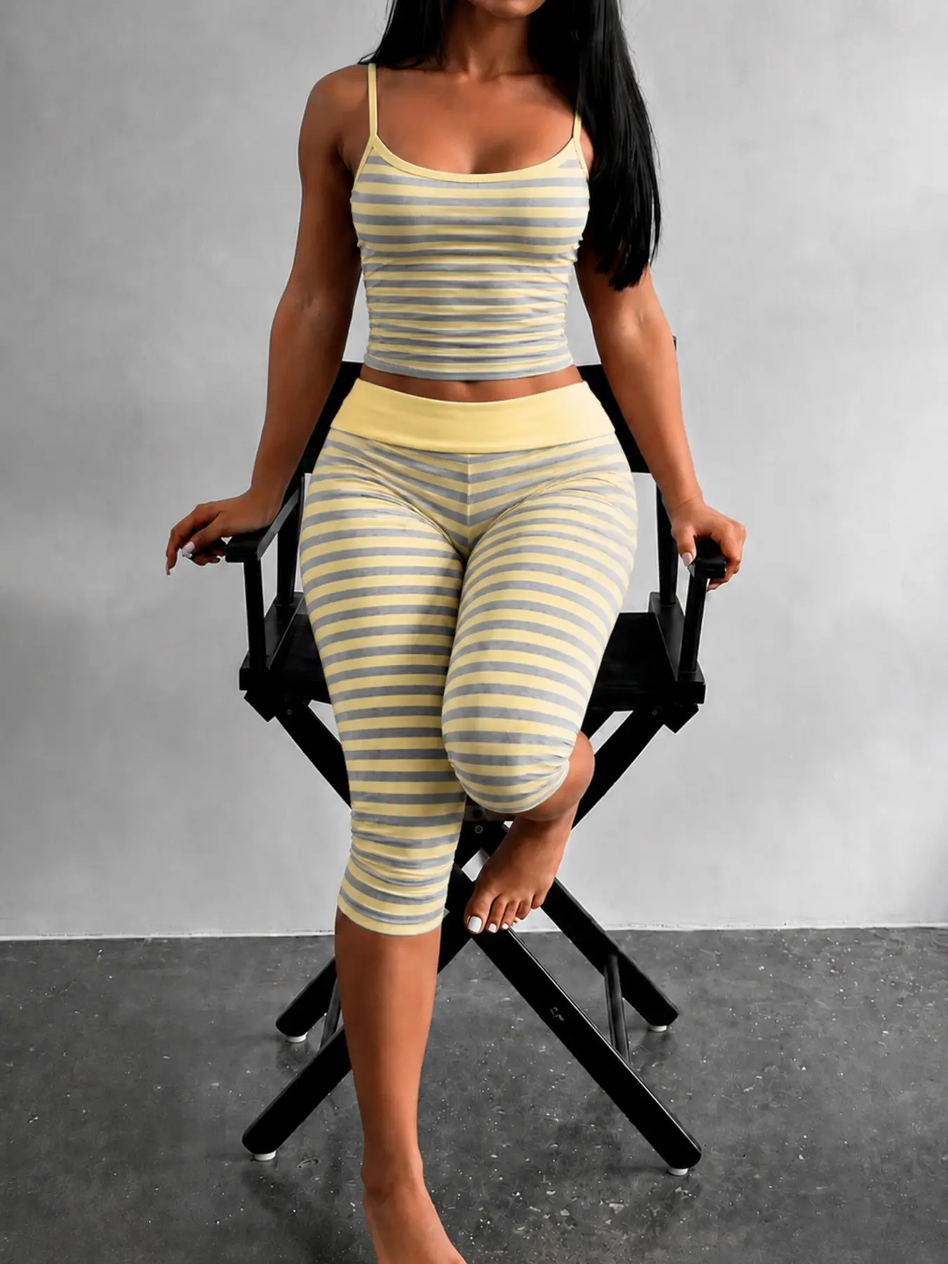 Yellow Grey Stripe Two Piece Loungewear Set, Gym Workout Sets, Athleisure Workout Set, Yoga Sportswear Set U Neck Spaghetti Strap Slim Crop Cami Top High Waist Capri Stretch Leggings ideal for home fitness yoga training