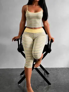 Yellow Grey Stripe Two Piece Loungewear Set U Neck Spaghetti Strap Slim Crop Cami Top High Waist Capri Stretch Leggings ideal for home fitness yoga training grocery shopping and casual comfy all season daily matching outfits