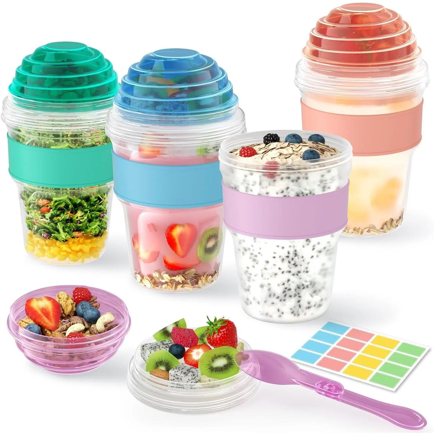 4-Pack Reusable 20 oz Plastic Yogurt Parfait Cereal Cups with Lids, Spoons & Granola Compartment - Portable, Lightweight Containers for Breakfast Prep, On-the-Go Fruit/Nuts Overnight Oats