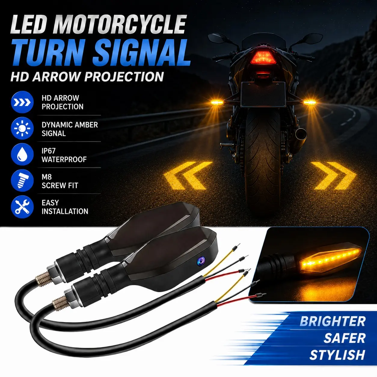 💡2PCS HD Arrow Projection LED Motorcycle Turn Signal Lights, Dynamic Amber Flowing Blinker with 27 RGB Modes, IP67 Waterproof M8 Screw Mount Indicator Lamp, Universal 12V Motorcycle & E-Bike Safety Warning Light