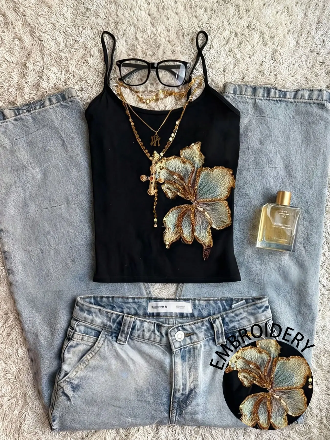 Women's Retro Vintage Floral Embroidery Camisole Top, Luxury Hibiscus Pattern Spaghetti Strap Crop Top, Trendy Street Style Fashion Suitable For Summer Daily Wear