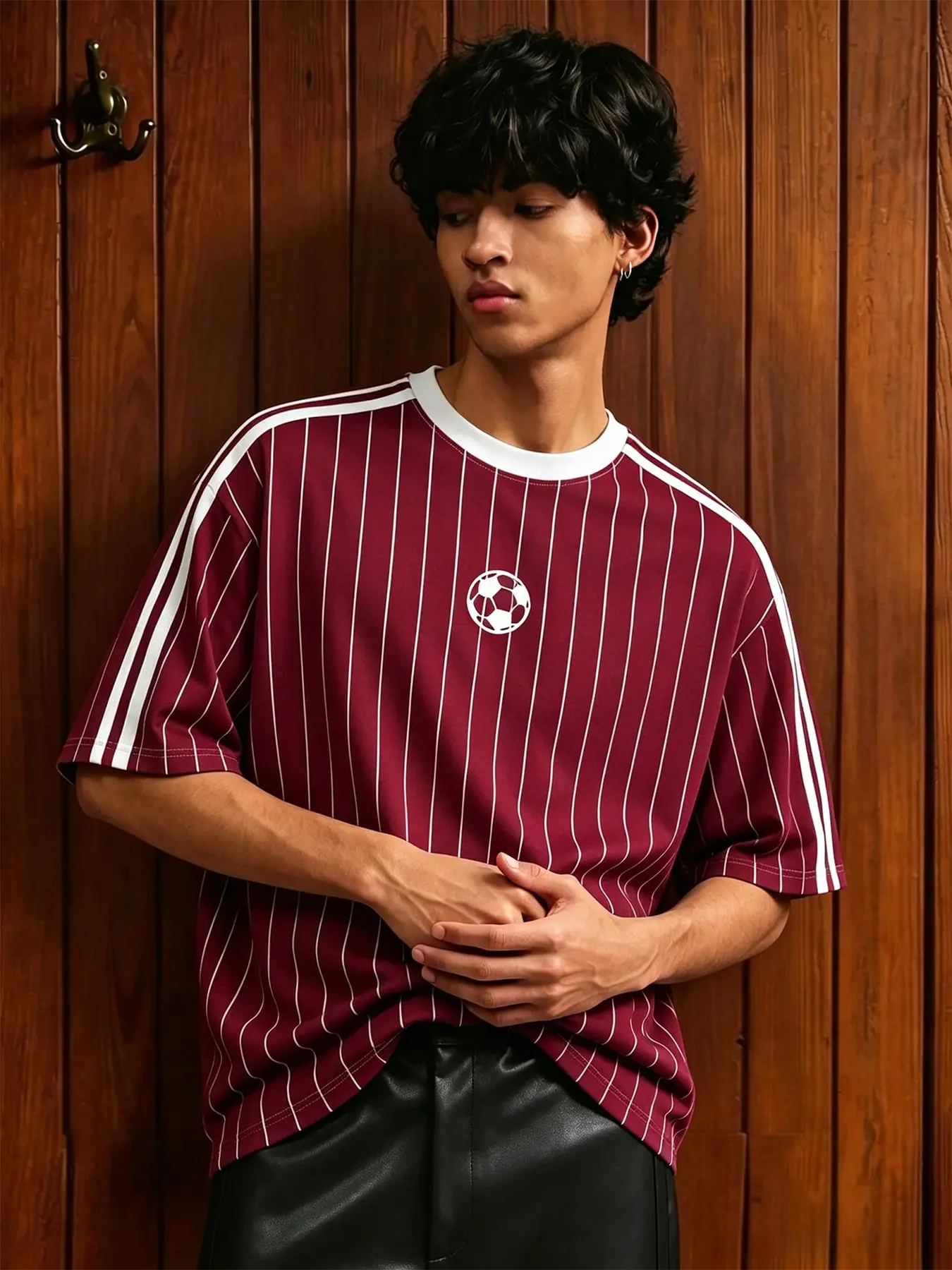 Men's Vintage Soccer‑Jersey‑Style Short‑Sleeve T‑Shirt, Vertical Side Stripe Football Print Loose Street Casual Top