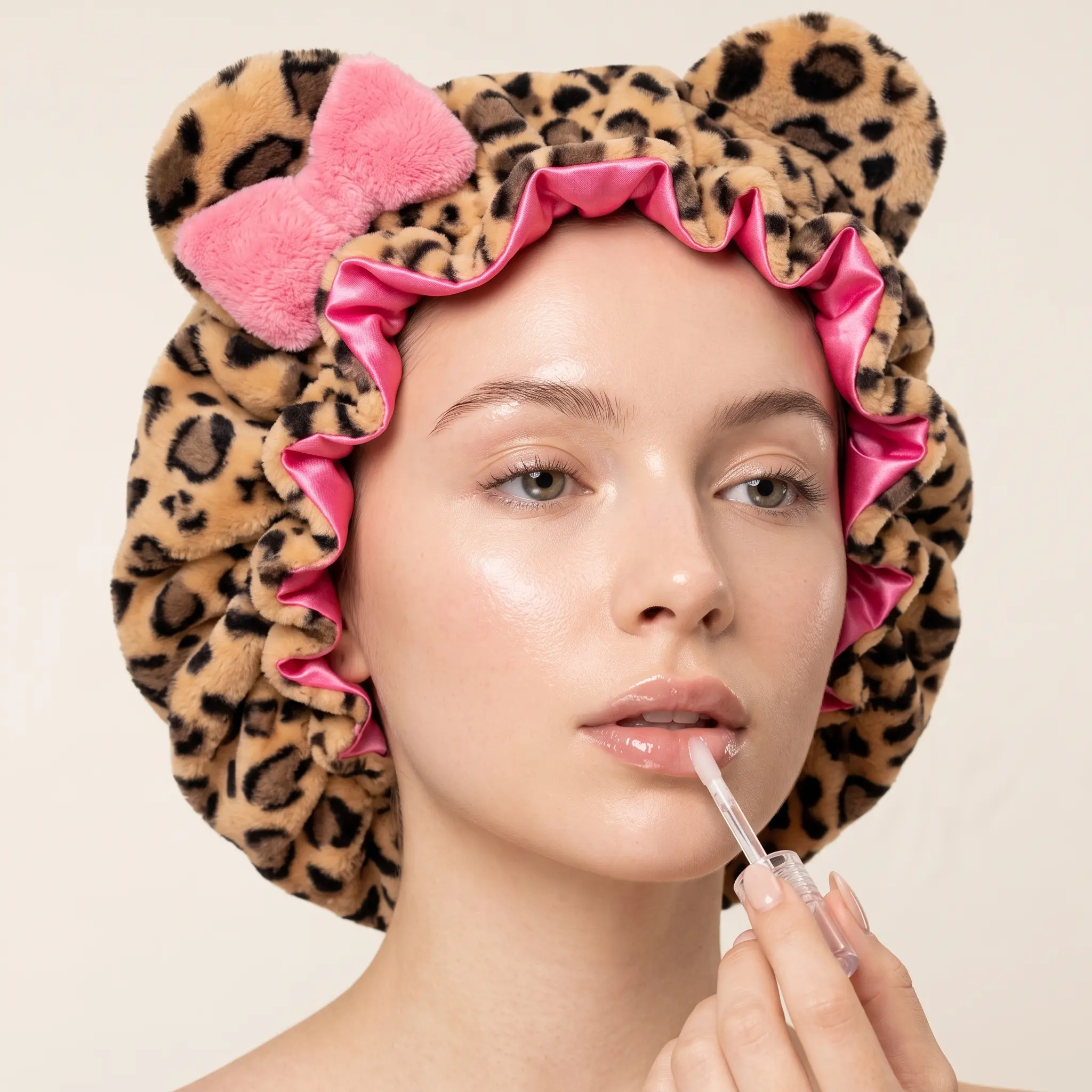Women's Hooded Teddy Sleep Bonnet - Pink Leopard Print, Water-Resistant Adults' Curly Hair Protective Nightcap for Haircare & Styling