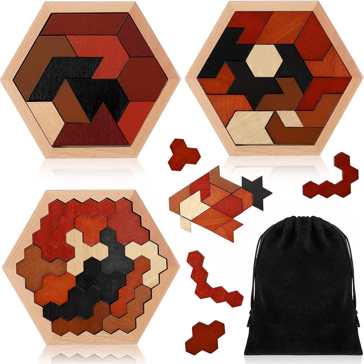 3 Pack Large Hexagon Tangram Puzzle Wooden Brain Puzzles for Adult Challenge Wood Russian Blocks Brain Teasers Geometric Jigsaw Block Logic Iq Stem Family Graduation Gifts(Vintage)