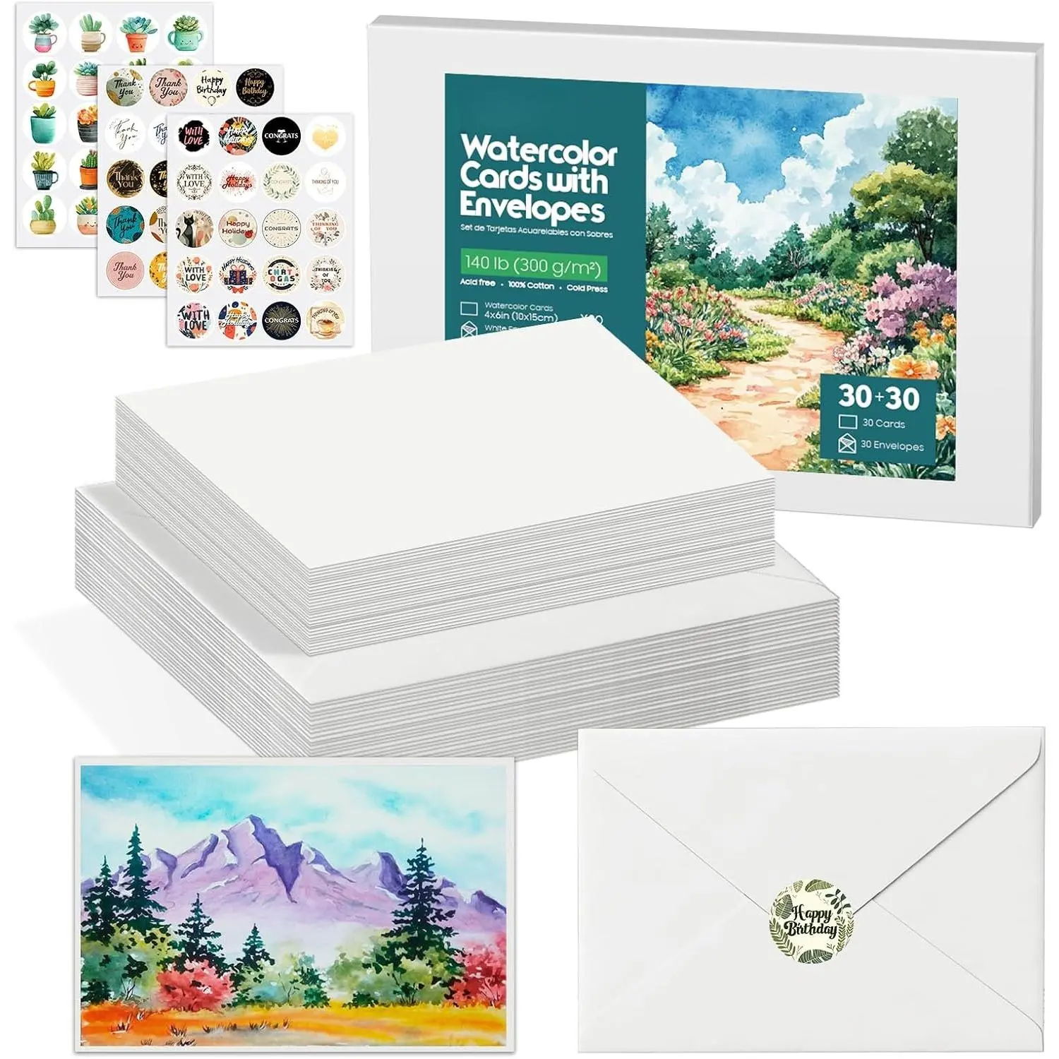 30 Pack Blank Watercolor Cards with Envelopes 4 x 6 Inch - 140lb/300gsm   Non-Folded Watercolor Paper for Wedding Invitations, Birthday Cards, Thank You Notes & DIY Art Projects
