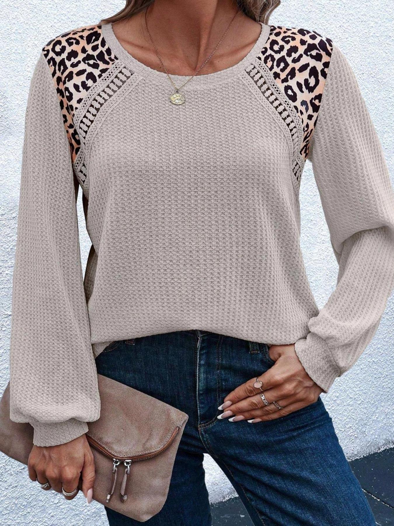 【Plus Size】 Leopard Patchwork Print Round Neck Knit Sweater Fitted, Casual Long Sleeve Crew Neck Jumper for Spring, Women's Plus Clothing for Daily Wear, Hoodie, Tops