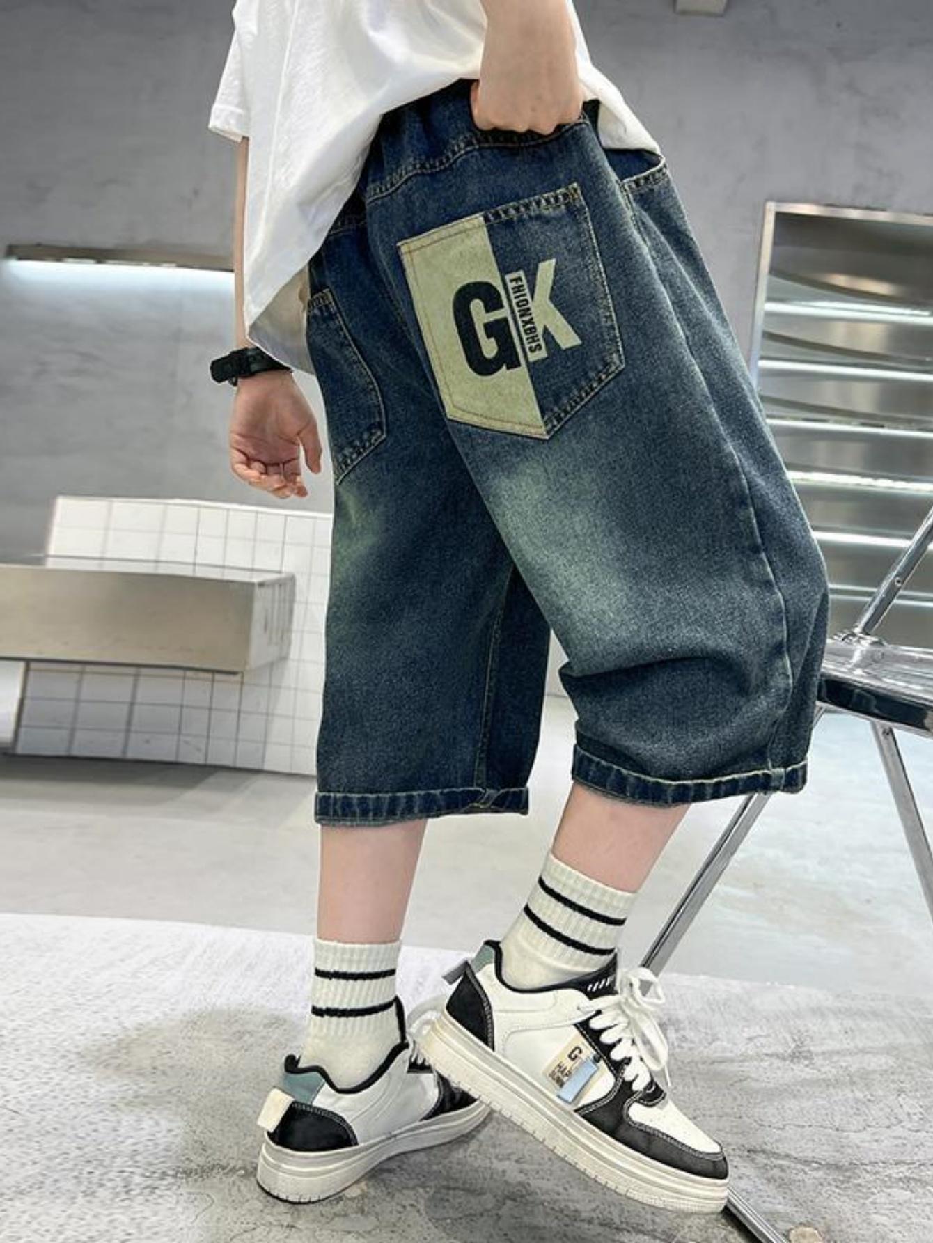 NewBoys' Faux Denim Pants, a Valentine'S Gift, Enhance Body Shape, Comfortable And Stylish Cropped Pants, Versatile for Summer, Casual Sporty Style, Suitable for Various Looks
