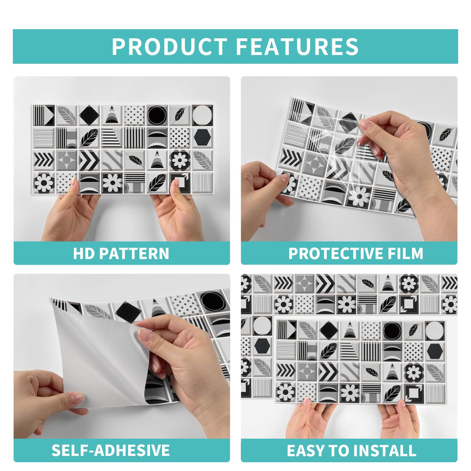 Geometric Pattern Tile Backsplash, Self-adhesive Removable Tile Backsplash, Waterproof & Oil-resistant Wall Decor for Kitchen & Bathroom