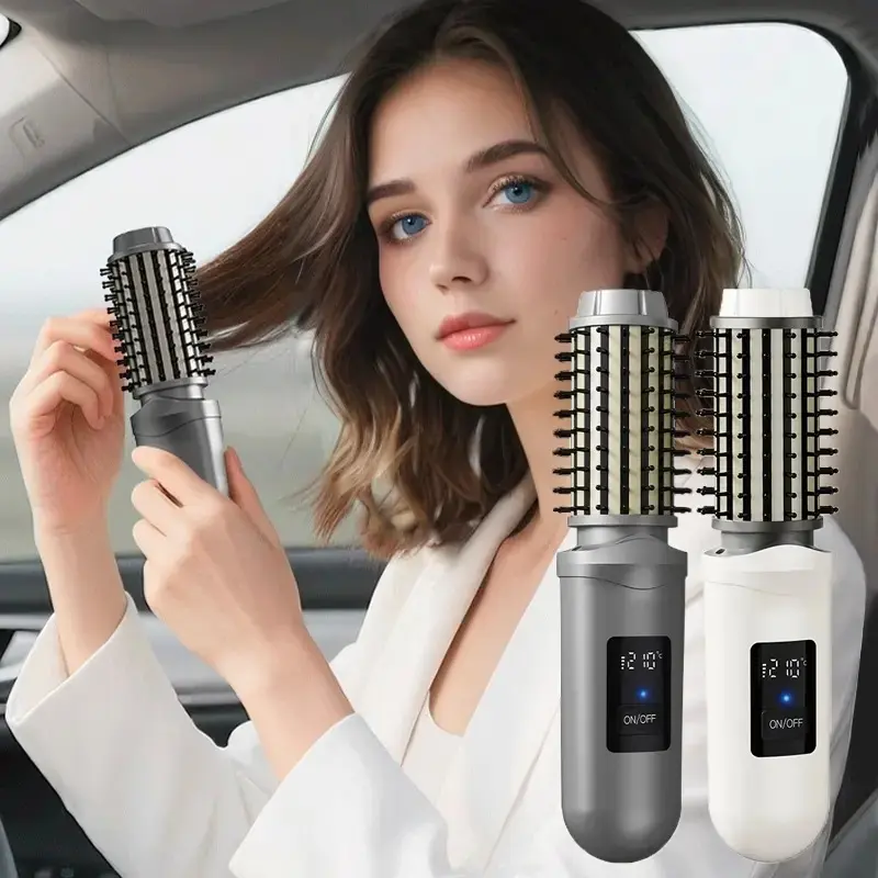 Portable wireless curling iron, straightening brush, Automatic hair styler, rechargeable multifunctional straightener, damage-free, with 3 temperature settings, automatic styling, suitable for short and long hair, suitable for home and travel use