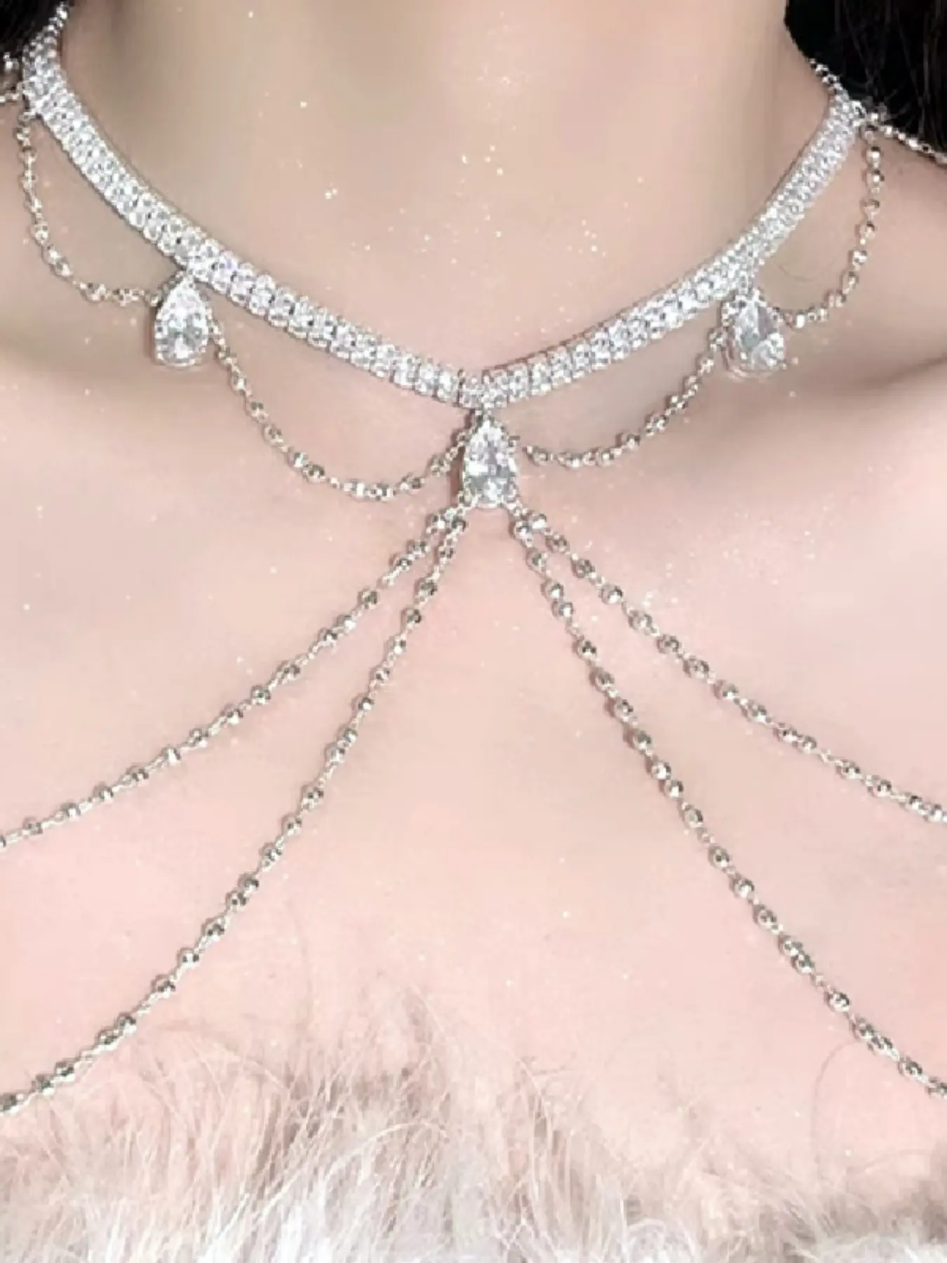 Luxury Evening Gown Accessories, Fringe Shoulder Chain, Fashion Rhinestone Body Chain, Unique High-End Necklace, Sparkling Chest Chain, Body Jewelry