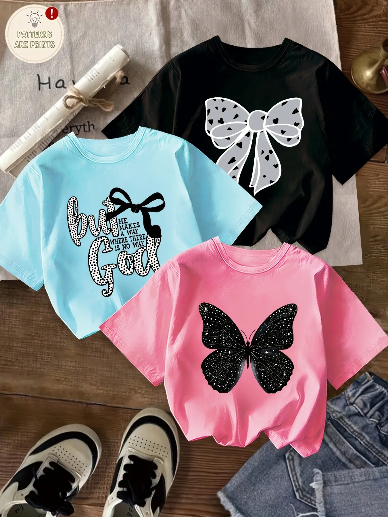 Three-Piece Set, Fashion Retro Rhinestone Butterfly Heart Polka Dot Bow Print Girls' Short Sleeve T-Shirt, Teenage Round Neck Top