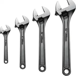 4-piece adjustable wrench set: black carbon steel wrenches in 6/8/10/12 inch sizes, featuring wide jaws with clear markings; a versatile set of wrenches suitable for car repair, home maintenance, and DIY projects.