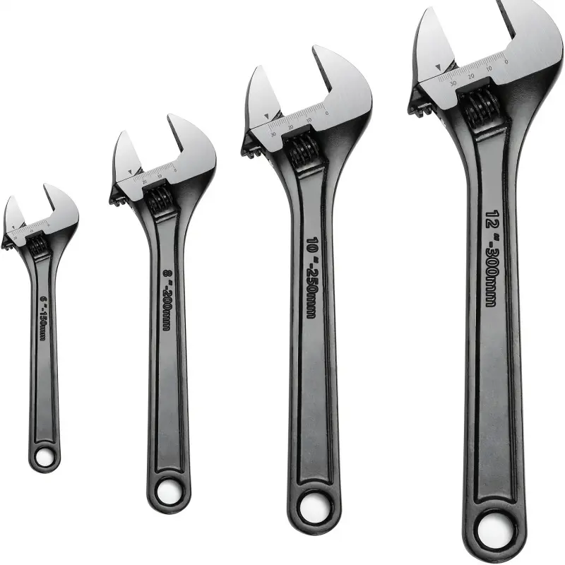 4-piece adjustable wrench set: black carbon steel wrenches in 6/8/10/12 inch sizes, featuring wide jaws with clear markings; a versatile set of wrenches suitable for car repair, home maintenance, and DIY projects.