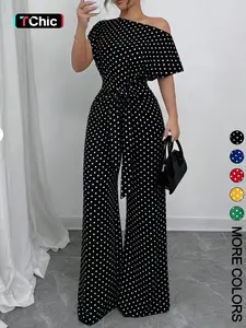 Women's Polka Dot Print Wide-Leg Jumpsuit, Chic Asymmetrical Neckline Short Sleeves Jumpsuit with Waist Tie Belt, Smooth Drapey Woven Fabric, Ideal for Office Commute, Party Wear, Breathable Non-Wrinkle Fabric, Retro Style, Casual, Womenswear