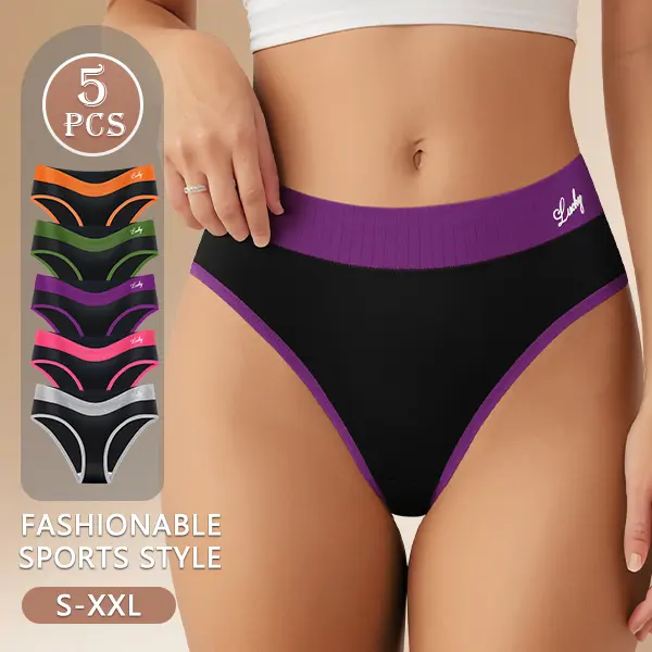 Women's 5PCS High Elasticity Mid-Waisted Comfy Ribbed Basic Briefs, Breathable Contrast Color Soft Stretch Everyday Fabric Panties for Daily Wear, S-XXL
