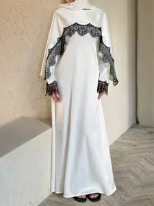 White Shiny Satin Abaya Dress Women Black Lace Patchwork Long Sleeve Modest Maxi Gown Elegant Islamic Ramadan Outfit Dubai Party Wear Loose Flowy Muslim Long Dress Fashion