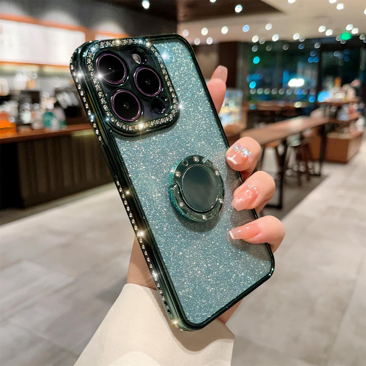 Bling Glitter Ring Case For iPhone 16 15 14 13 12 11 Pro Max Ring Holder Kickstand Case Plating Bumper Cover with Camera Lens Protector