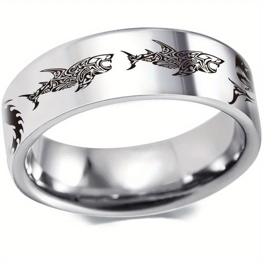 1pc 8mm Shark Pattern Stainless Steel Ring for Men, Fashion Men Jewelry