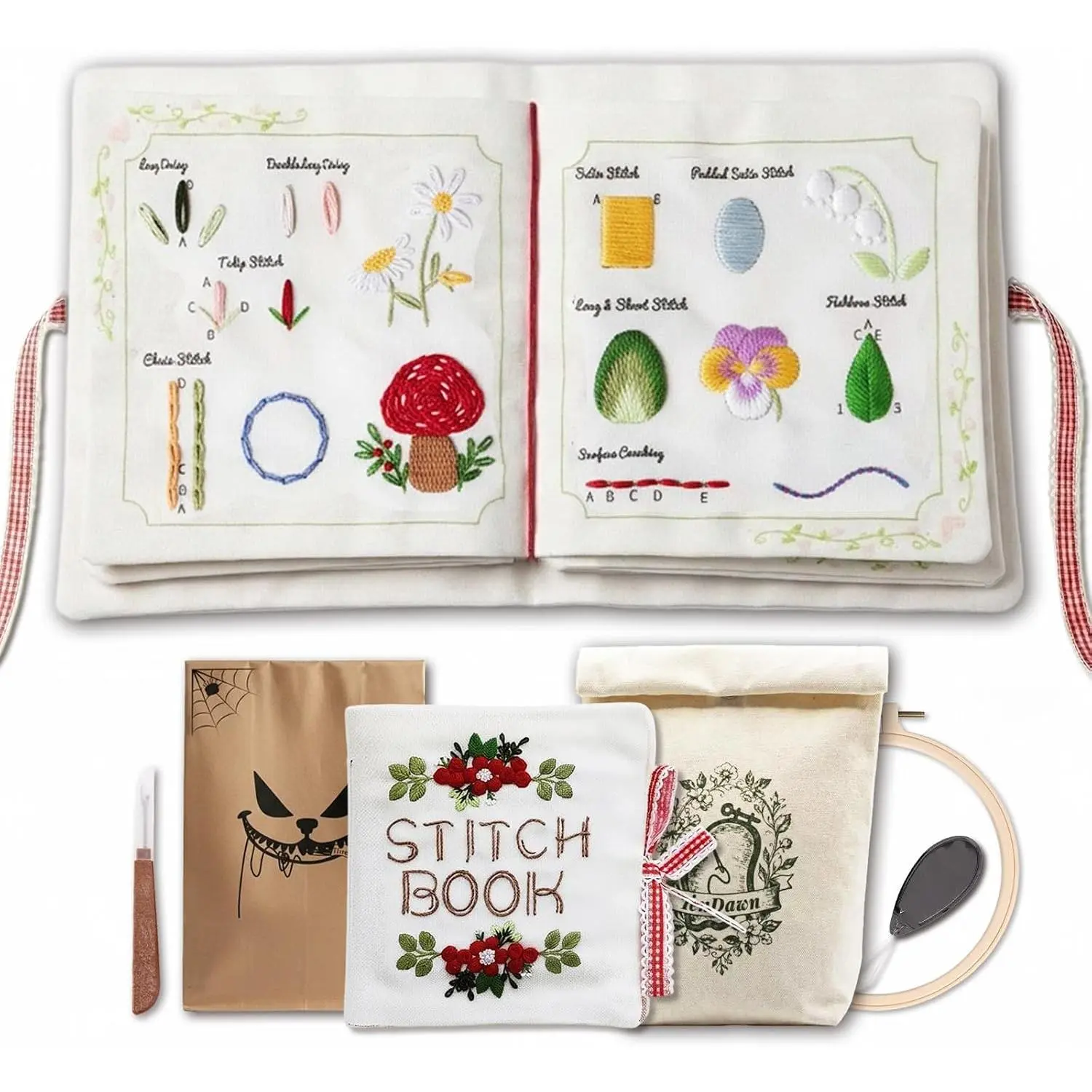 Embroidery Kit for Beginners with Stitch Book – 32 Essential Stitches, Floral Motifs, Structured Learning, DIY Sewing Practice Patterns for Adults