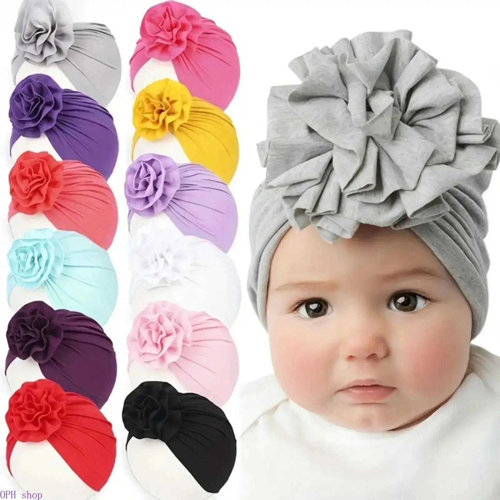 Unisex 3Pcs Plain Polyester Flower Hats Set, Stretchy Soft Brimless Beanies for 0-3 Years Newborn Toddlers, Blue-Purple-Pink Solid Color Infant Hospital Headwear