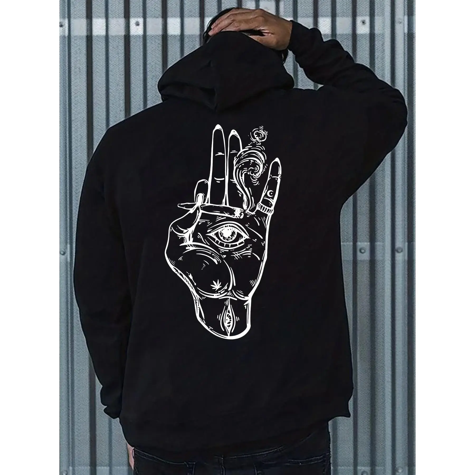 Oversized Pullover Hoodie Mystic Hand All Seeing Eye Graphic Sweatshirt Black White Line Art Back Print Unisex Dark Streetwear Hip Hop Casual Hooded Top