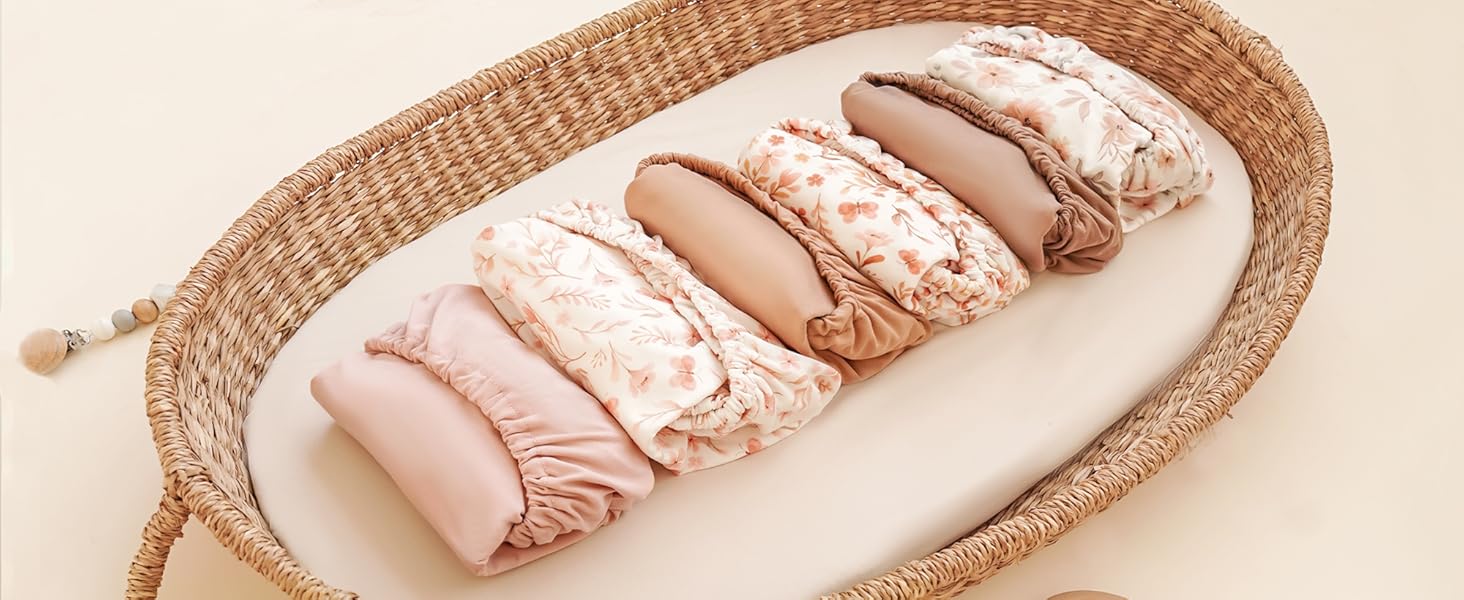 3 Pack Stretchy Bassinet Sheets for Baby Girl Boy, Soft Breathable Baby Bassinet Mattress Sheets Fit for Hourglass Oval Cradle, Moses Basket Rectangle Mattress (Pink Spring)