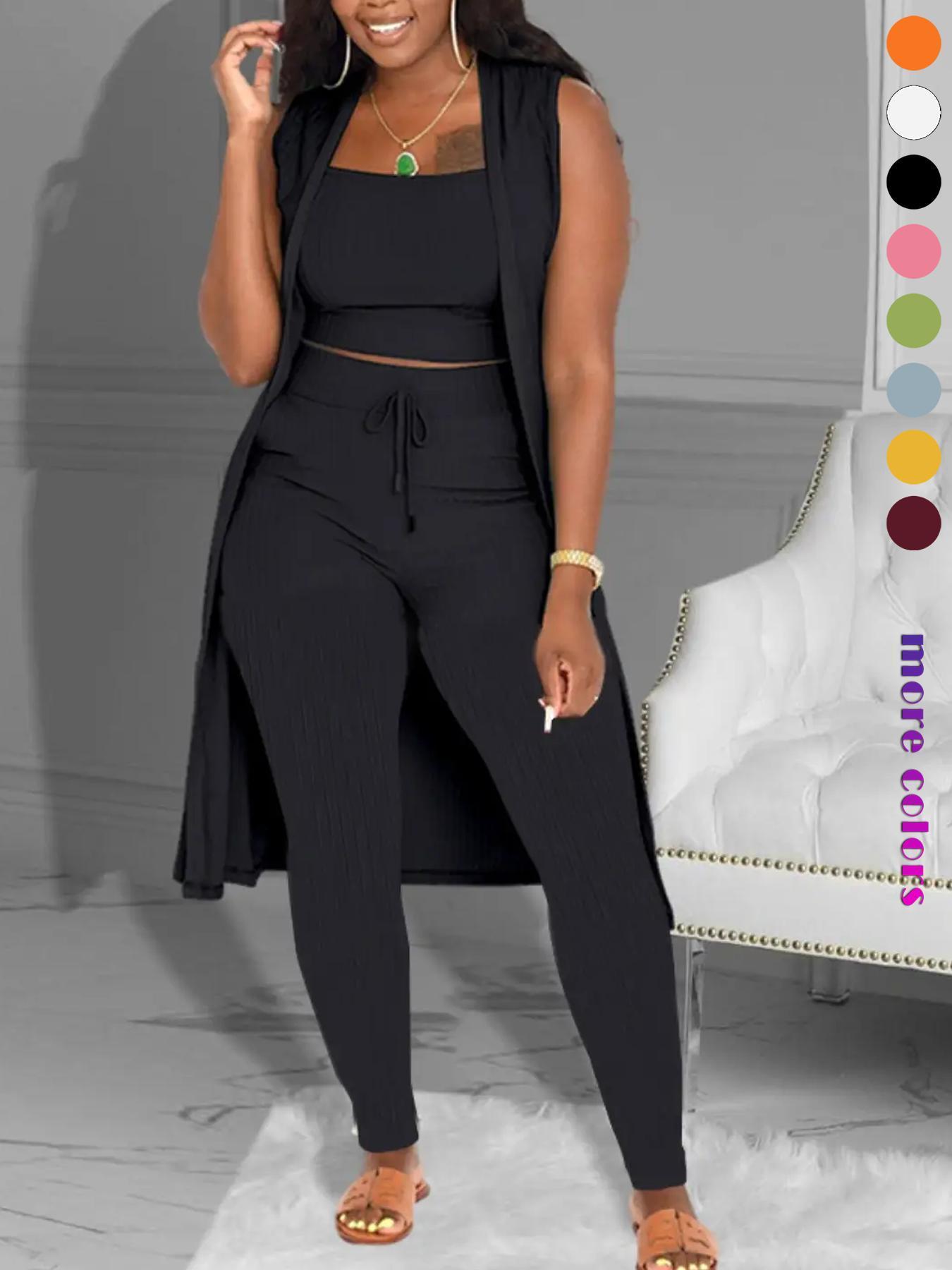 Three-Piece Set Women's Solid Crop Tank Top & Tie Front Pants & Open Front Outerwear Set Suits, Casual Cropped Top & High Waist Trousers & Outerwear, Ladies Clothes for Daily Wear