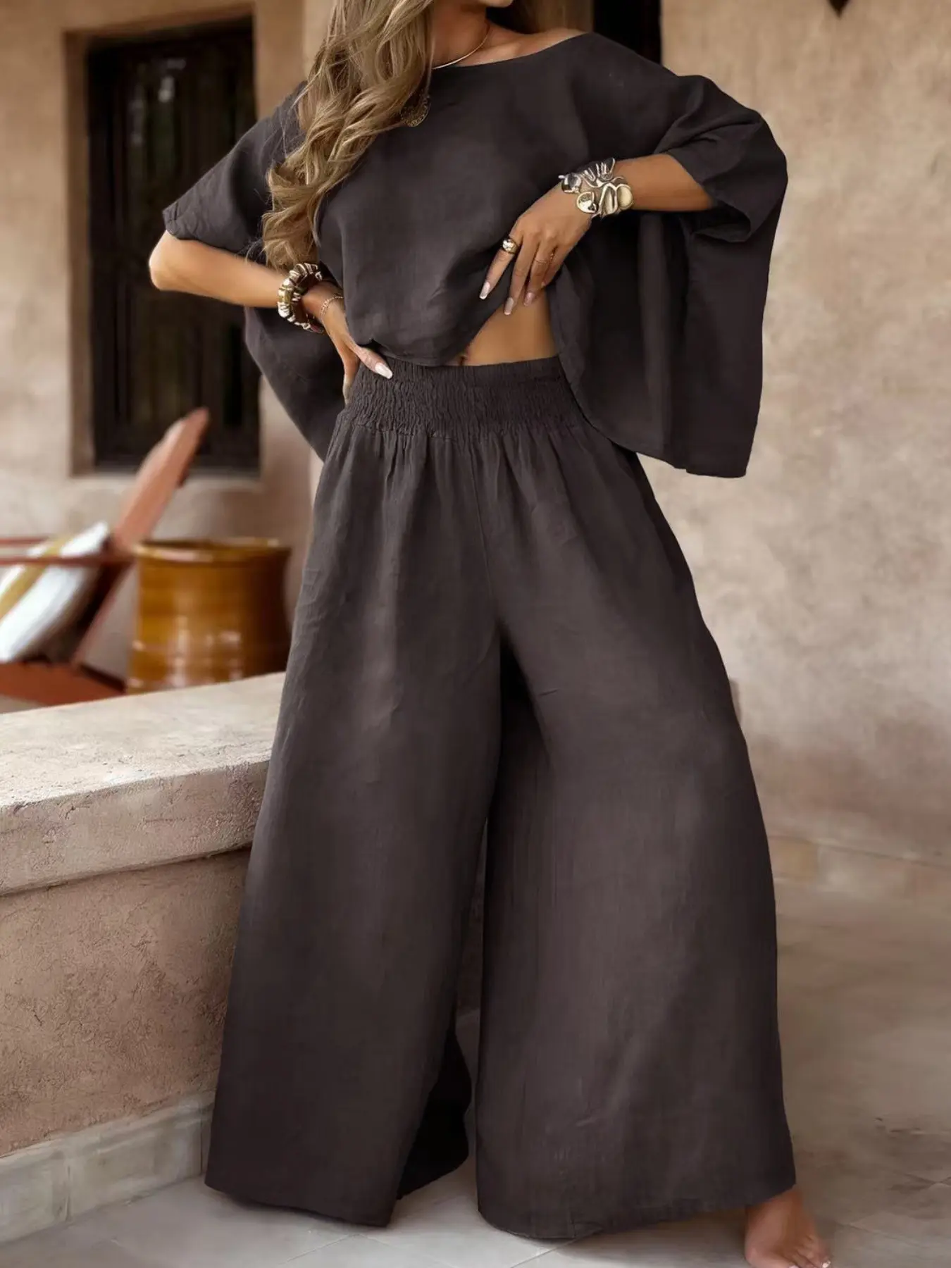 Women's Two-Piece Casual Vacation Set, Oversize Ultra-Loose Round Neck Top and Wide Leg Long Pants, Baggy, Comfortable, Breathable and Stylish for Relaxing Days
