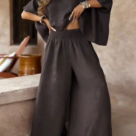 Women's Two-Piece Casual Vacation Set, Oversized Ultra-Loose Round Neck Top and Wide Leg Long Pants, Baggy Fit, Comfortable, Breathable and Stylish for Relaxing Days, Lounge Set