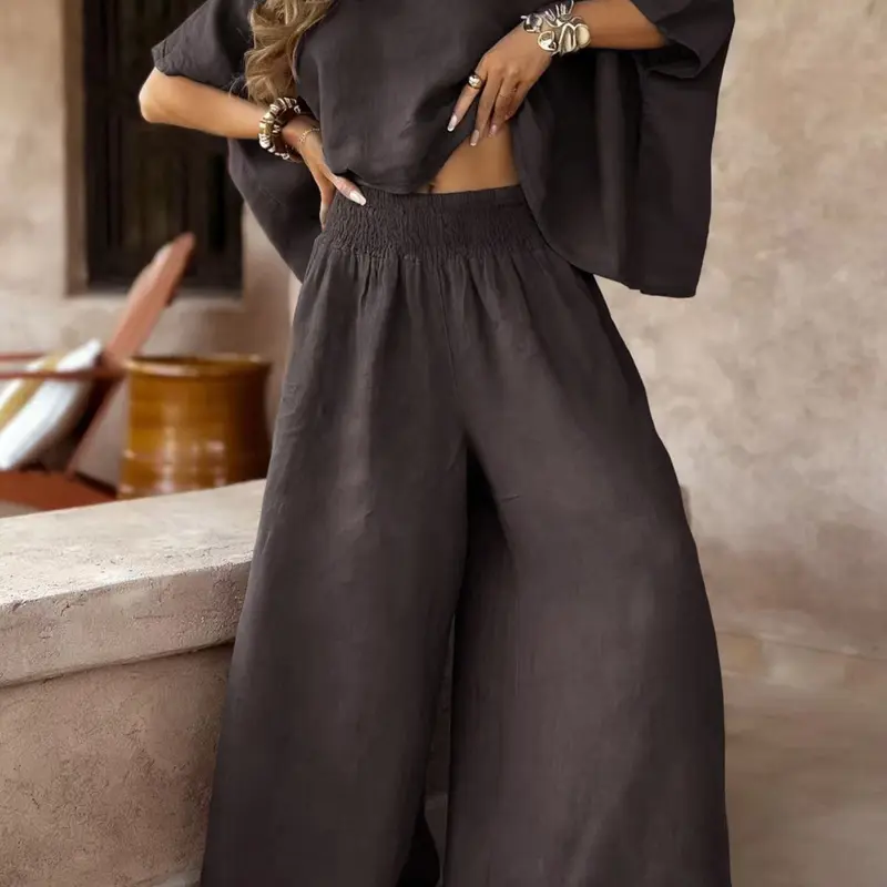 Women's Two-Piece Casual Vacation Set, Oversized Ultra-Loose Round Neck Top and Wide Leg Long Pants, Baggy Fit, Comfortable, Breathable and Stylish for Relaxing Days, Lounge Set