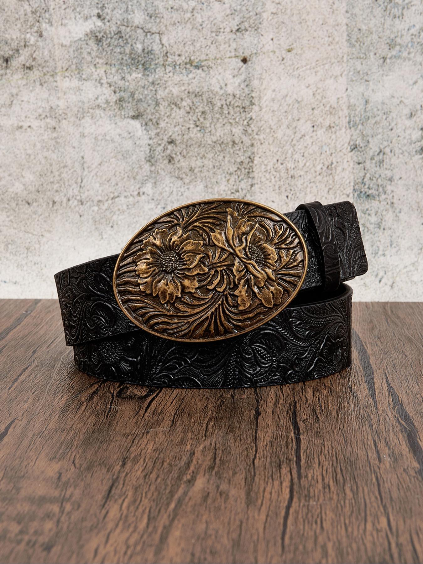 Women's Vintage Flower Embossed PU Buckle Belt, Fashion Belts, Western Style Belt for Daily Clothing Decor, Trendy All-match & Exquisite Belt for Birthday Gift, Cowboy Belt, Cowgirl Belt