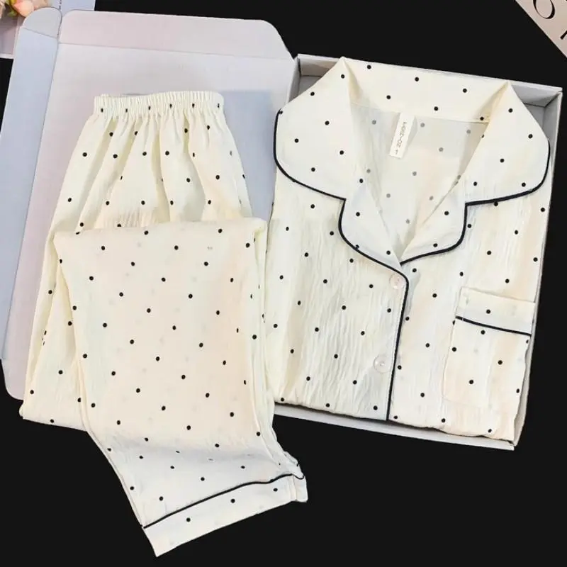 Women's Soft Polka Dot Long-Sleeve Nightwear Set - Cardigan Loungewear with Pyjama Bottoms for Spring-Autumn Home Use, Student-Focused Pyjamas