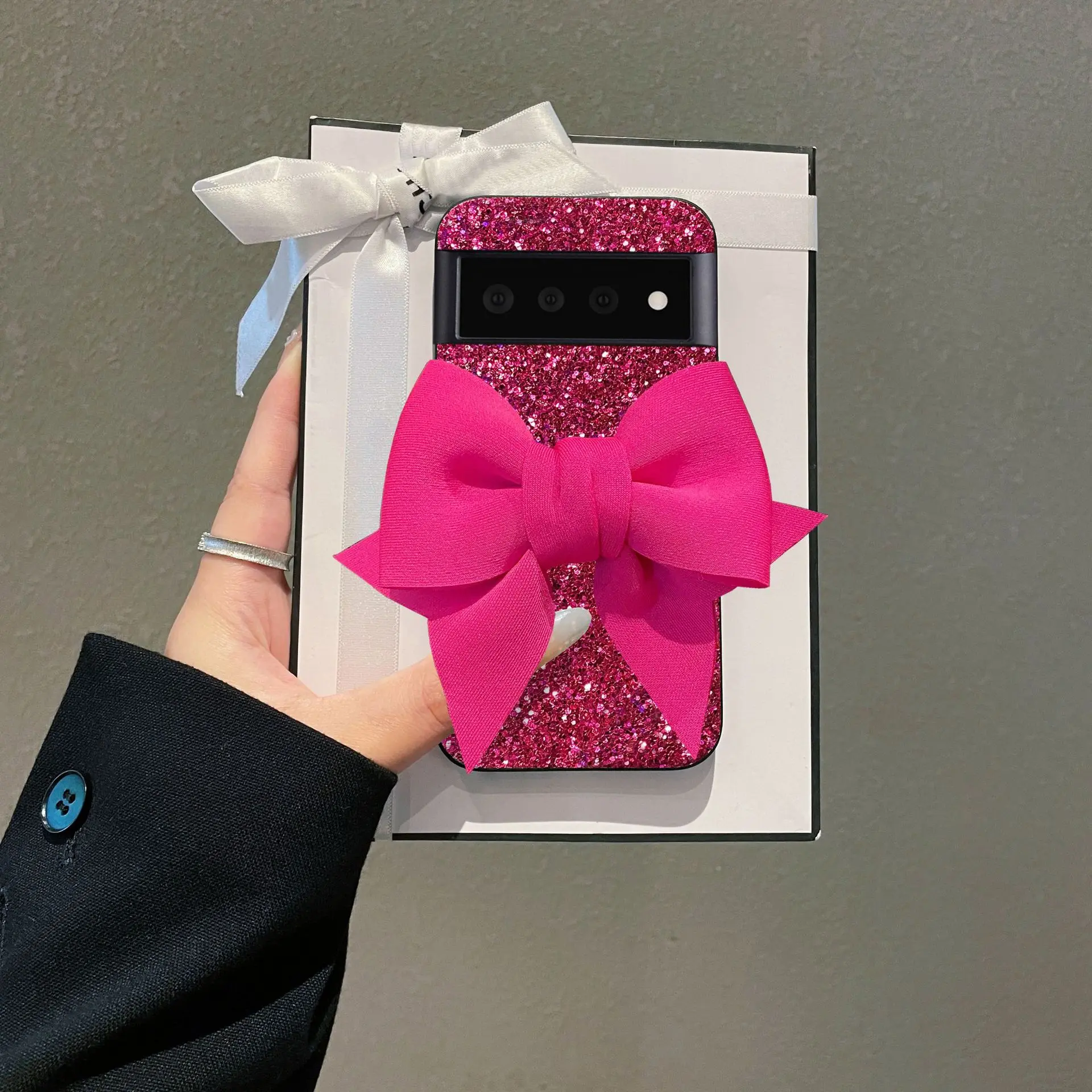 Compatible with Pixel 10 Pro XL, 9, 8, 7, 6, 3D Hot Pink Bow Glitter Rhinestone Shockproof Phone Case HNZ0408