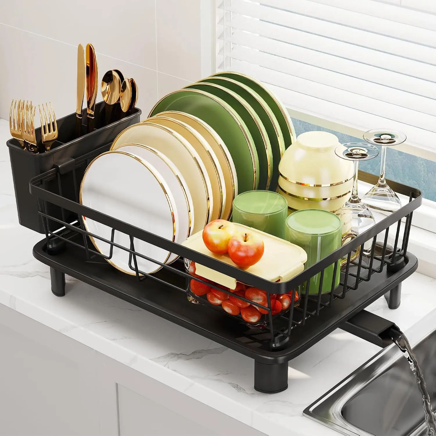 Dish Drainer Rack with Drip Tray, Sink Dish Drainer with Drainage Spout, Stainless Steel Dish Drying Rack with Cups, Utensil &  Board Holders for Kitchen Counter Space-Saving, Black