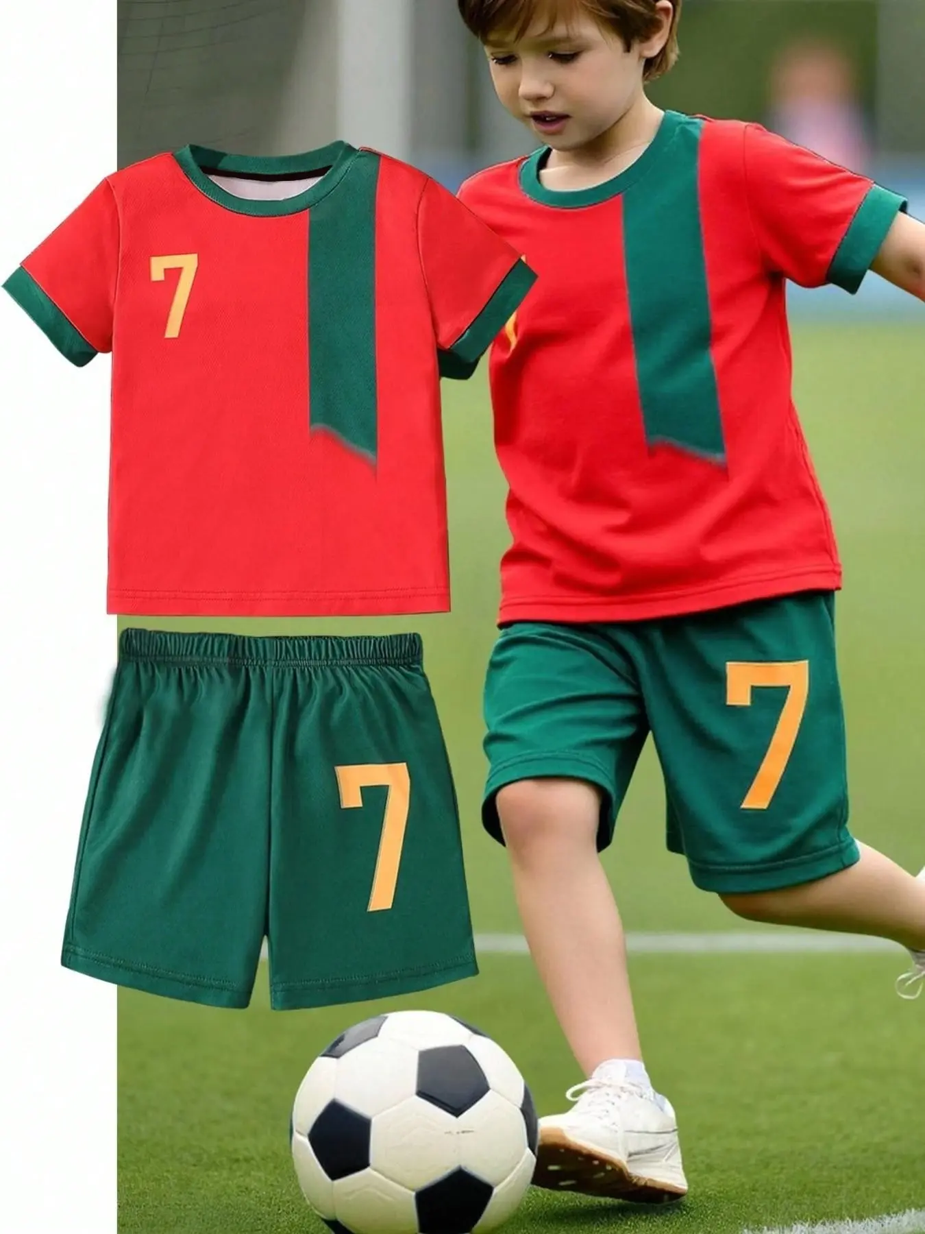 Boys' Two-Piece Soccer Jersey Set, Colorblock Vertical Stripes, Number 7 Print, Round Neck Short Sleeve Top, Shorts, Breathable Training Gear