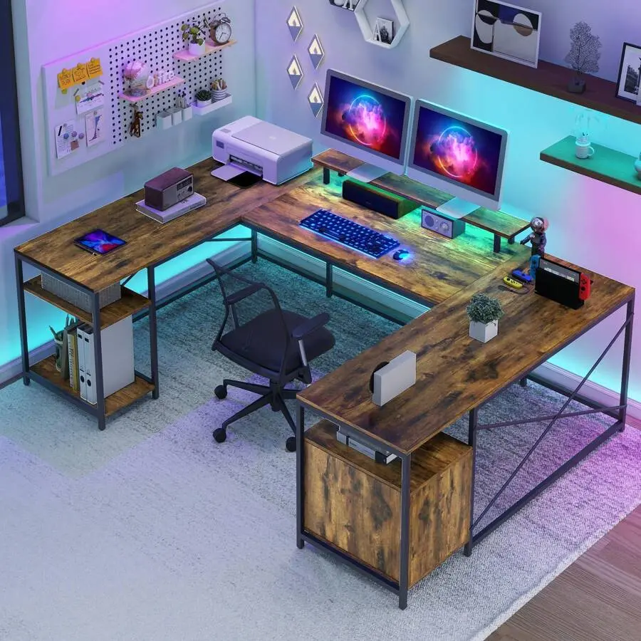 Computer Desk With Power Outlets & LED Lights U Shaped Desk L Shaped Desk With Drawers Large Reversible Corner Gaming Desk With Monitor Stand & Storage Shelves