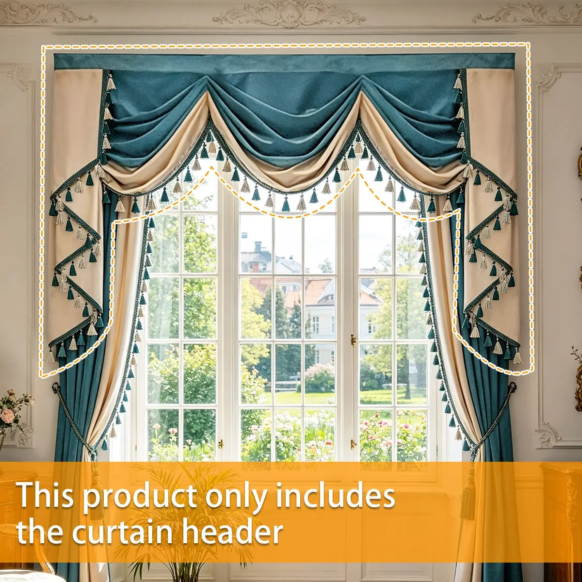 European Luxury Lake Blue Curtain Header, Customizable Floor-To-Ceiling Window Drapery, American Vintage Style Decorative Curtain