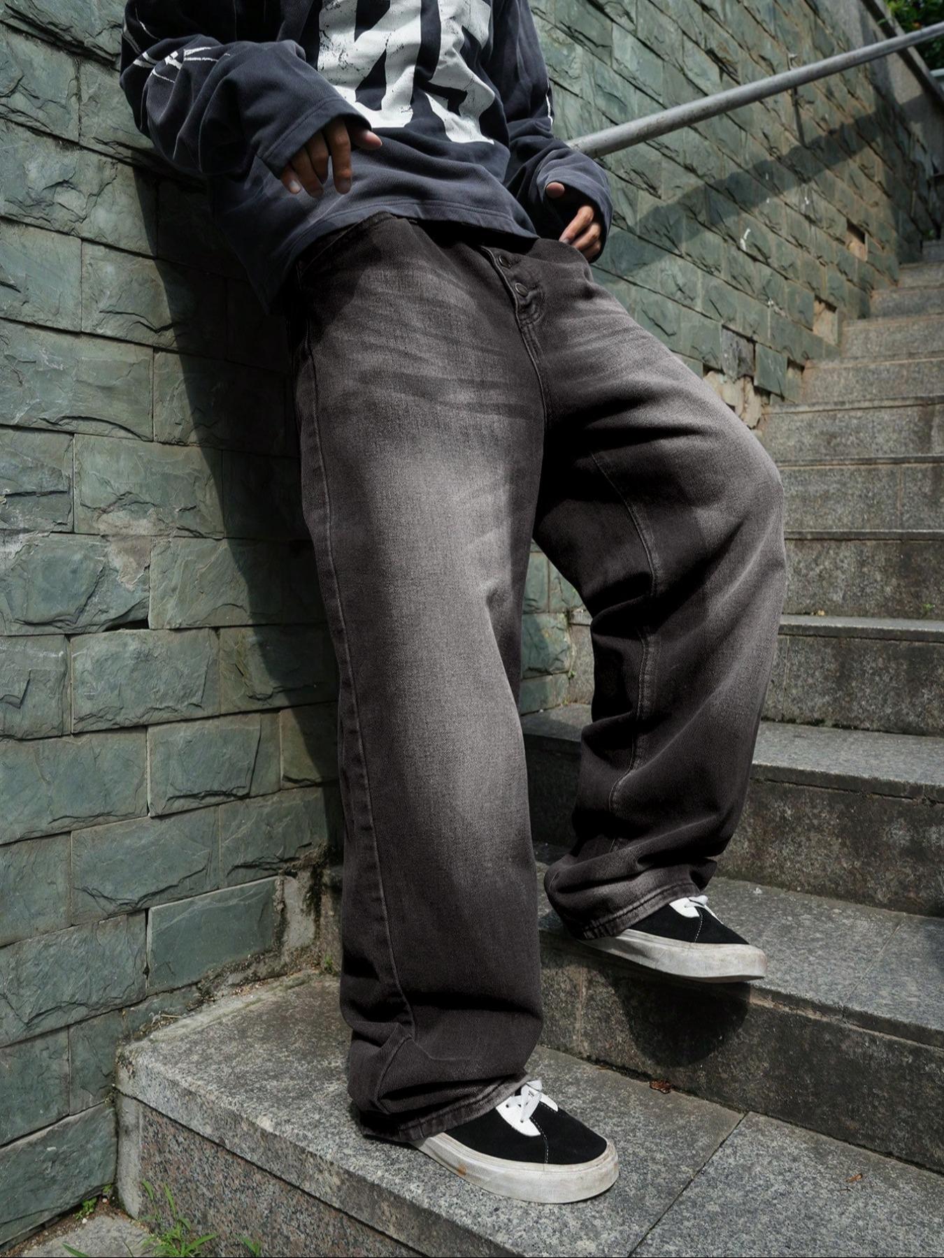 Men's Solid Button Fly Wide Leg Jeans, Loose Casual Comfy Denim Trousers for Daily Wear, Fashion Men's Bottoms for All Seasons, Denim Clothing