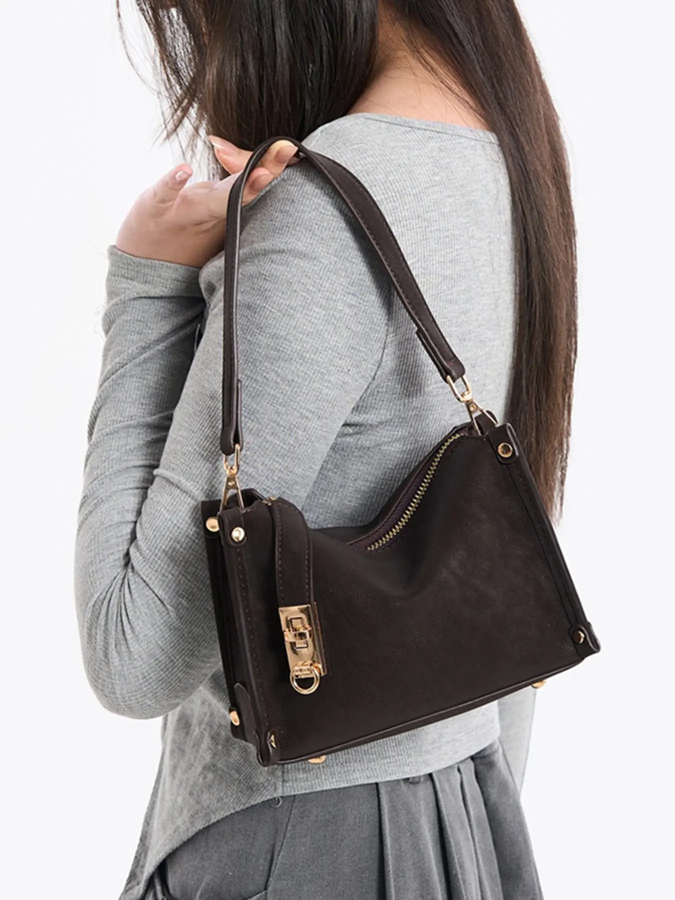Vintage Suede Texture Box Underarm Bag, Metal Lock Rivet Decor Handbag, Convertible Shoulder & Crossbody Daily Commuter Purse