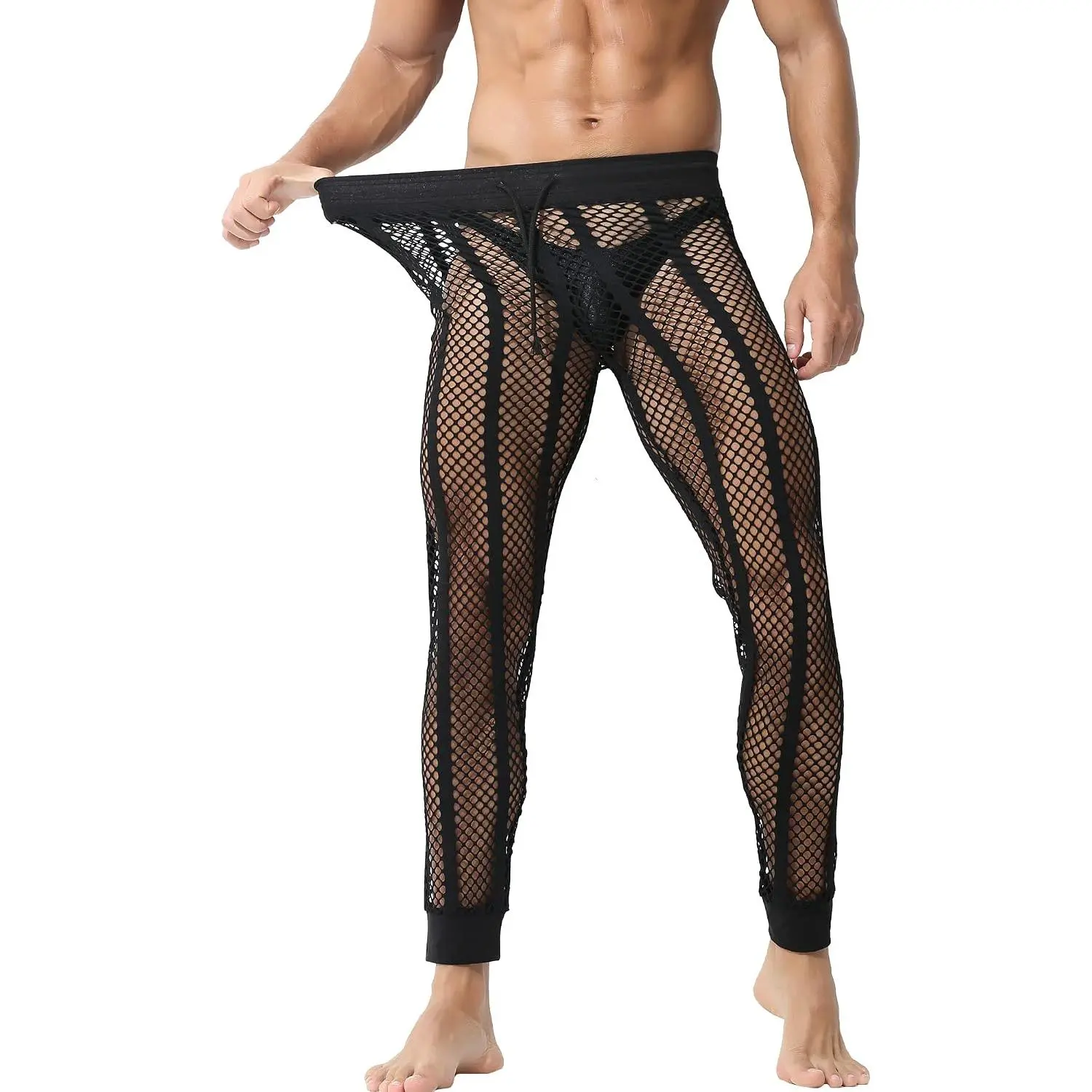 Men's Fishnet Pants Drawstring Bottoms Low Rise Mesh Leggings Muscle Fit Long Pants See Through Thermal Bottoms
