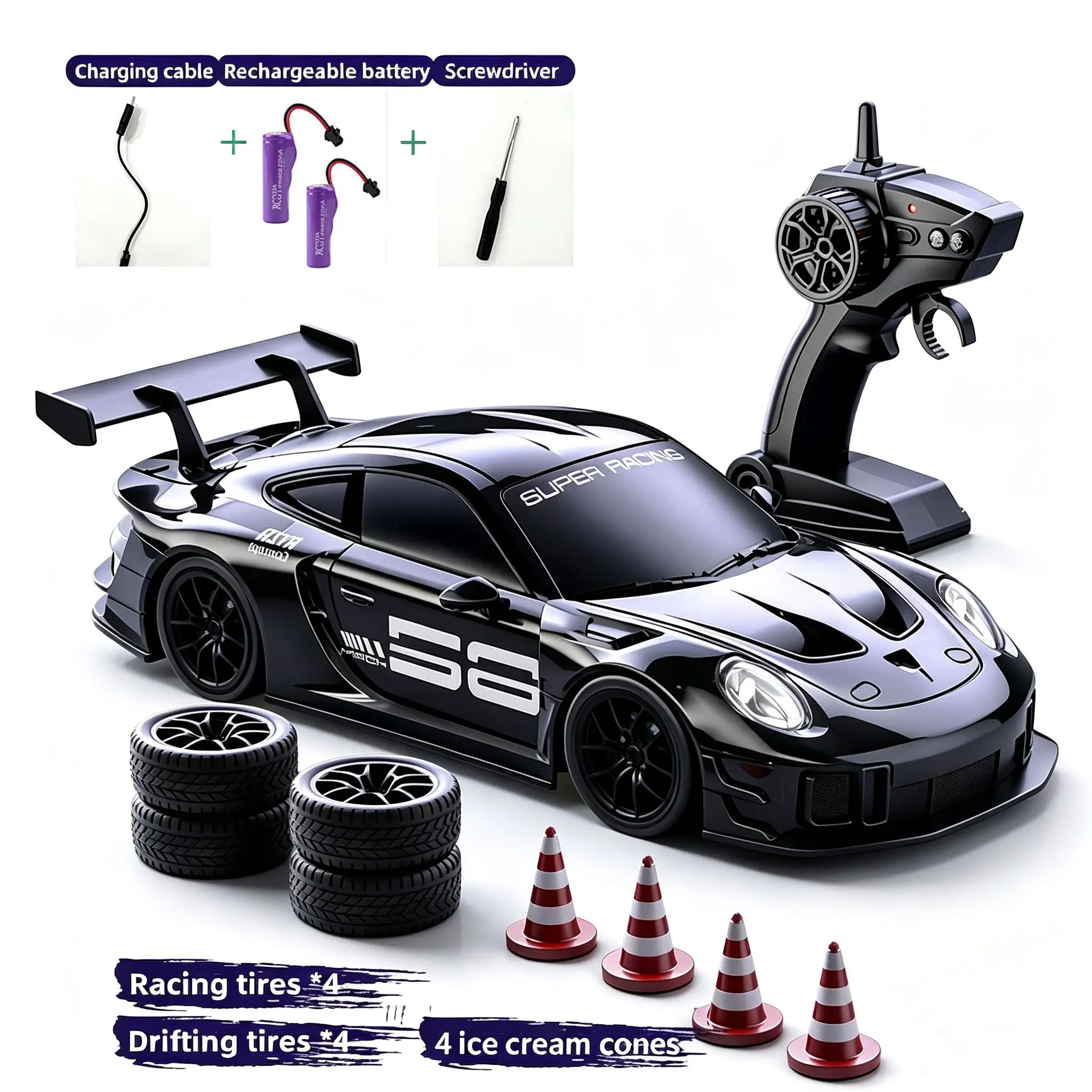 RC High-Speed Drift Car, 1:24 Four-Wheel Drive Vehicle, LED Lights, 2.4GHz RC Controlled 20km/h, Large Batteries, Drift Tires, Suitable for All Ages