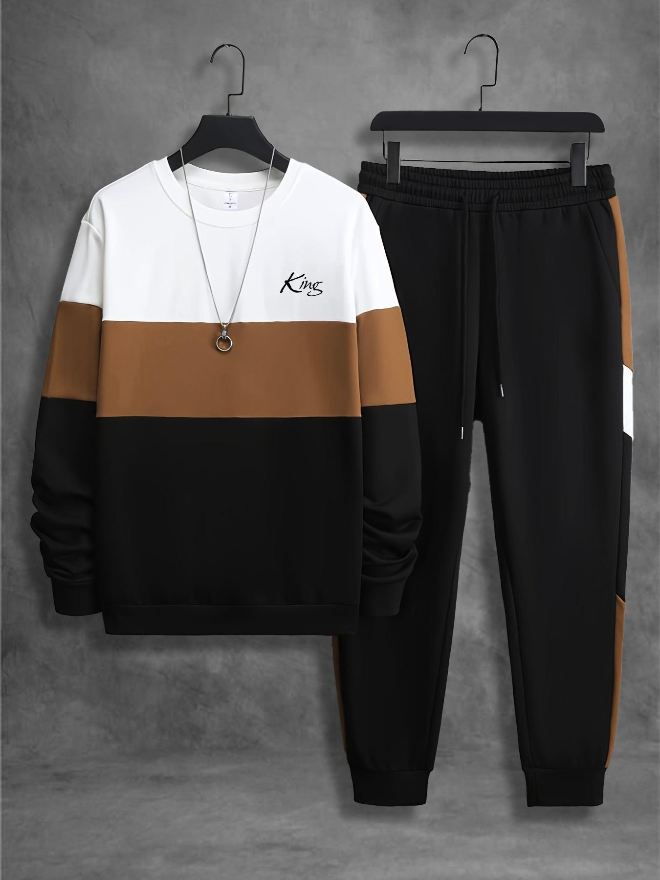 Men's Patchwork Letter-Print Sweatshirt & Drawstring Waist Sweatpants Set, Casual Round Neck Long Sleeve Pullover & Jogger Pants with Pockets, Matching Two-piece Outfits, Sweatsuit Matching Set for Fall & Winter