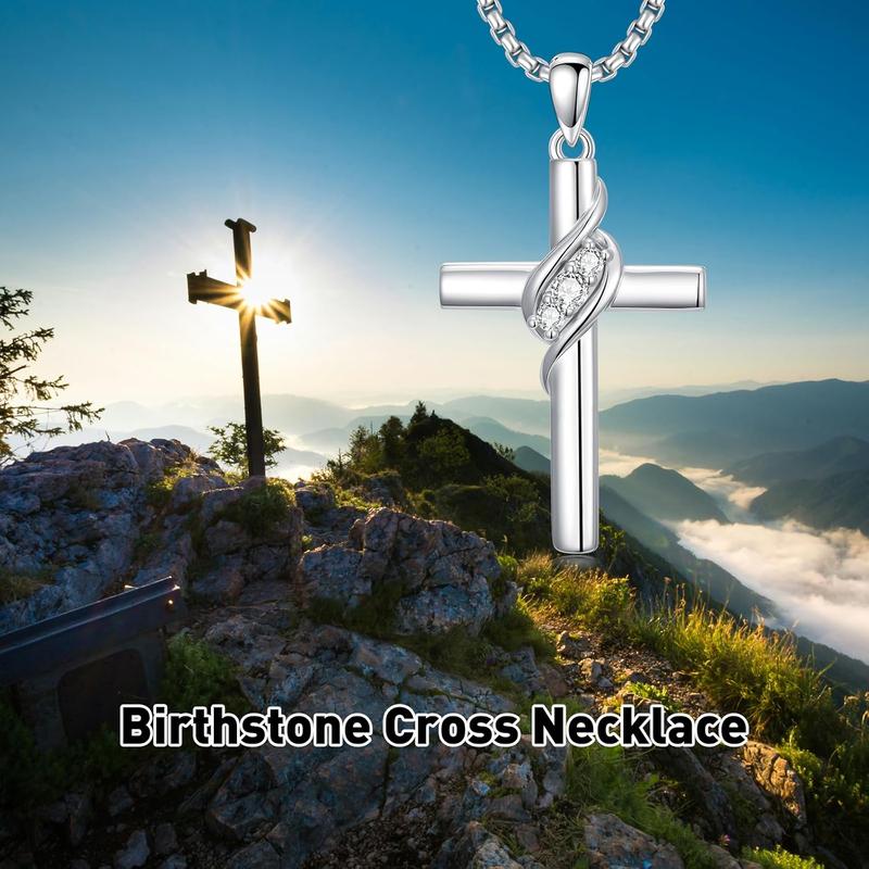 MEIDERBO Jewelry Cross Birthstone Necklace for Women 925 Sterling Silver Cross Pendant Christian Religious Jewelry Birthday Christmas Gifts for Her/Wife/Mom/Girlfriend