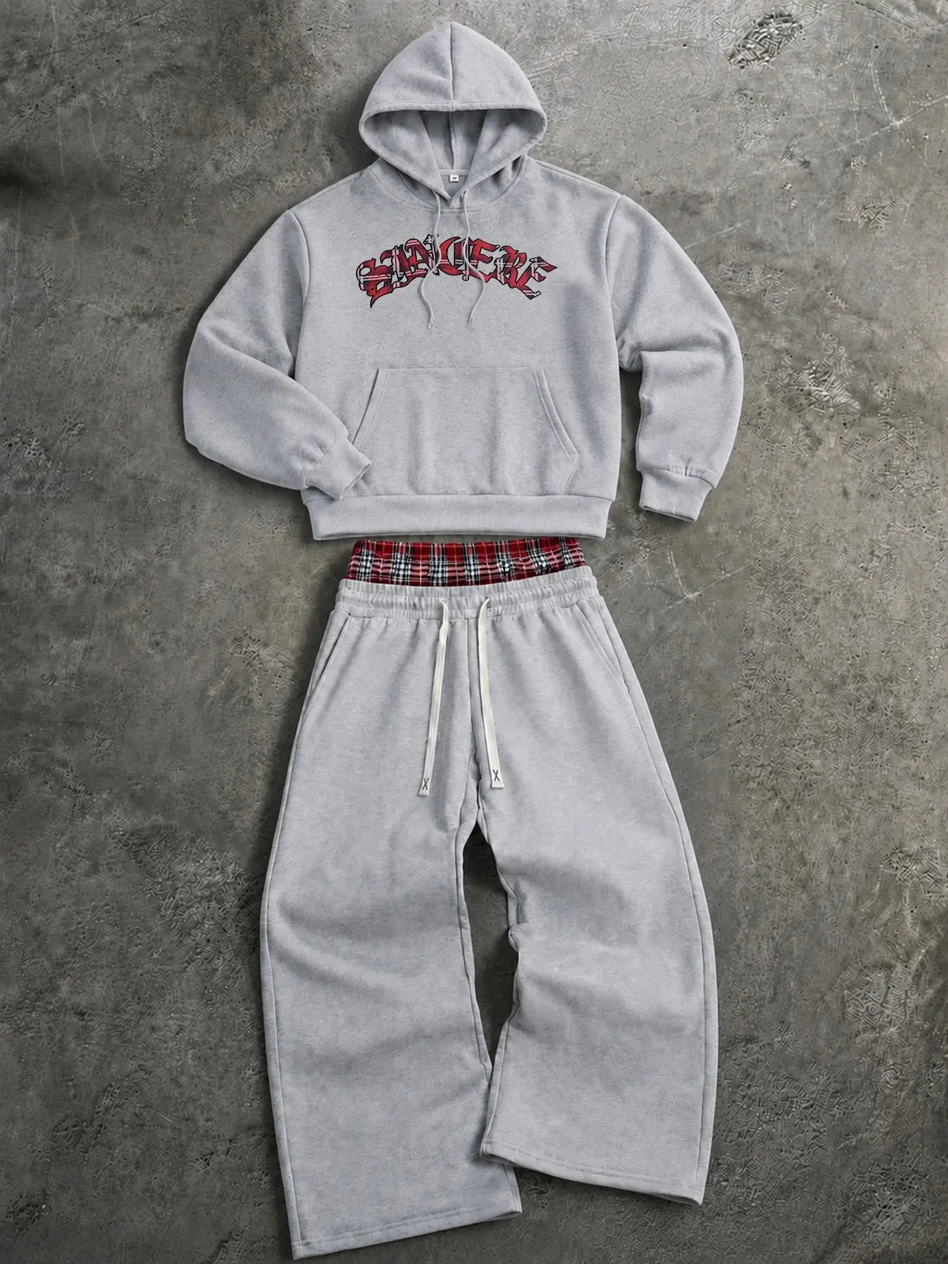 Y2K Streetwear Graphic Hoodie & Wide-Leg Sweatpants 2-Piece Set with Plaid Waistband Detail – Trendy Baggy Matching Tracksuit for Casual Daily Wear