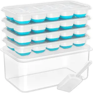 4-Piece Silicone Ice Cube Trays with Lids & Storage Box, Stackable Ice Bucket Set Comes with Container & Ice Scoop, Ideal for Kitchen, RV, Cocktails & Coffee |   Home & Kitchen